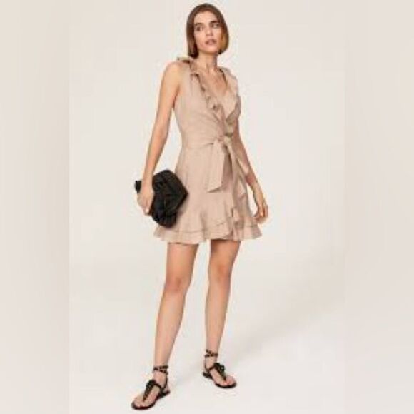 Women’s MARISSA WEBB X REVOLVE  cotton Khaki Ruffle faux Wrap mini Dress  Size 6 - Picture 1 of 9